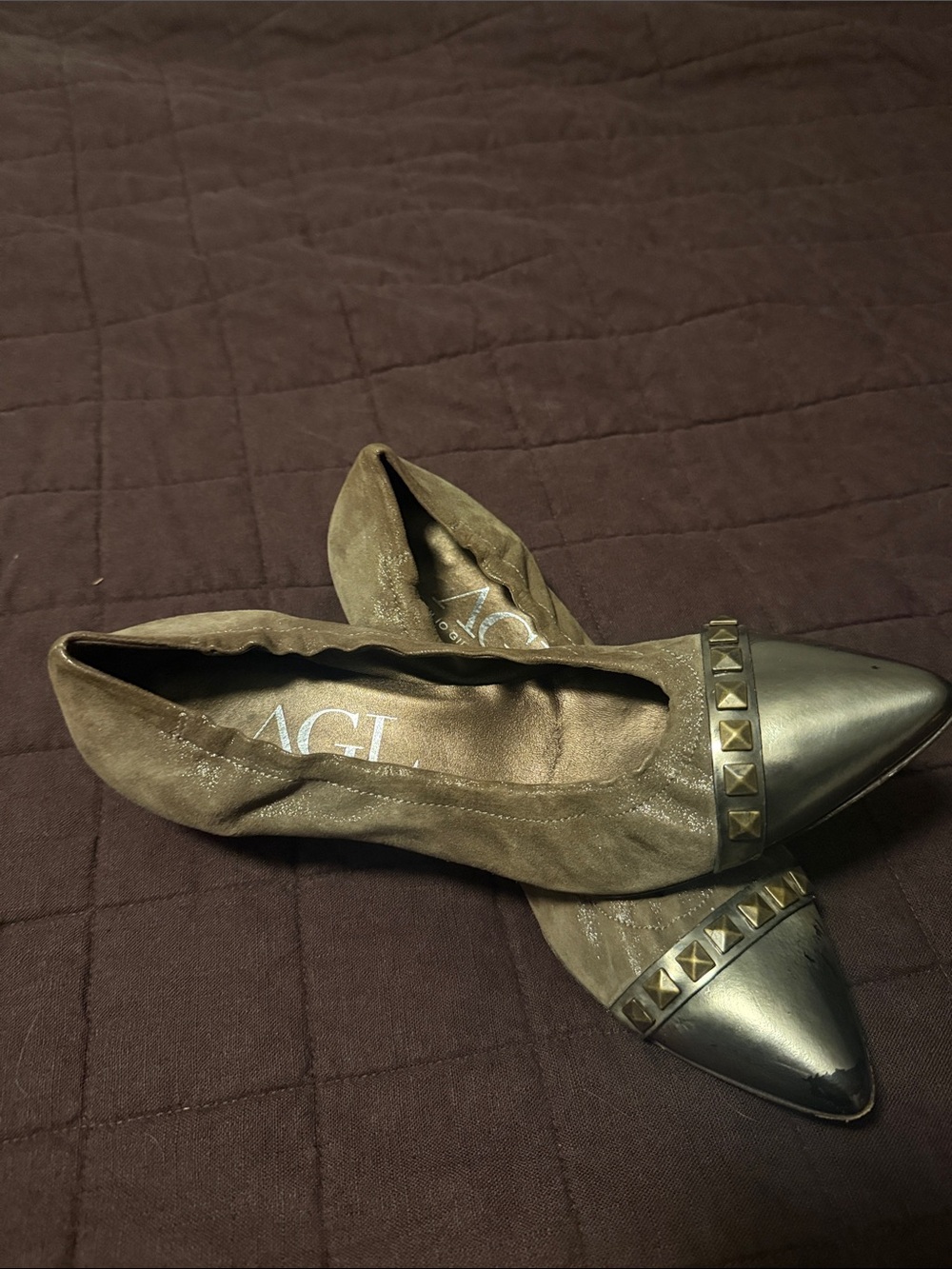 AGL Brown Suede Flats with Pointed Toe and Stud Trim
